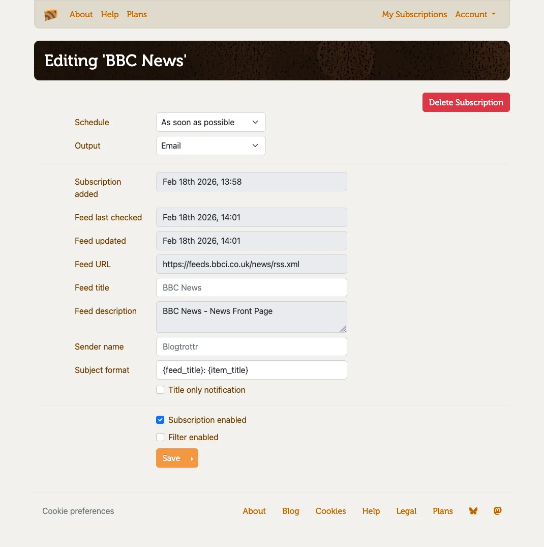 Subscription settings showing delivery schedule options